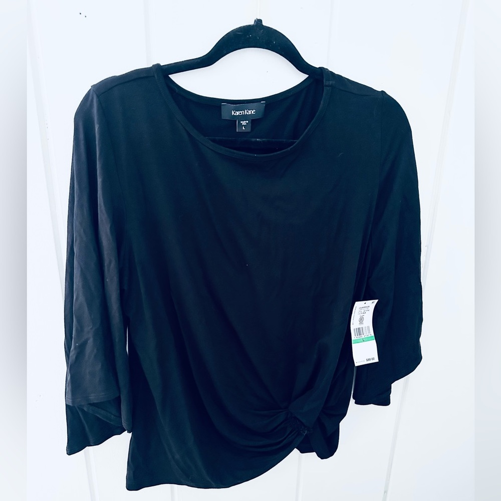 NWT Karen Kane Flare Sleeve Faux Wrap Top / Large / Black